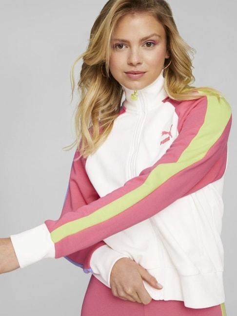 puma t7 white & pink cotton color-block full-zip jacket