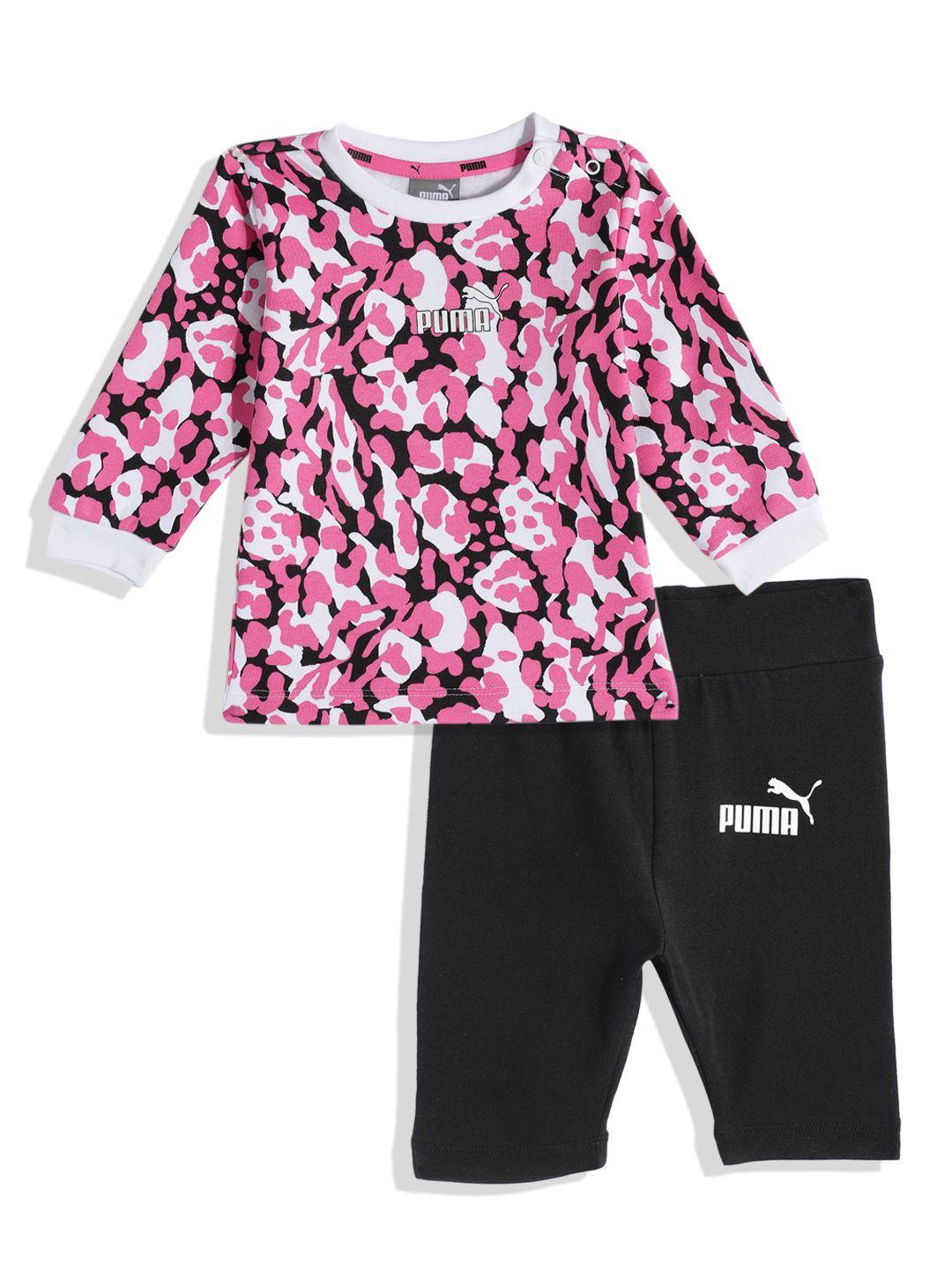puma unisex kids pink & black printed t-shirt with leggings set