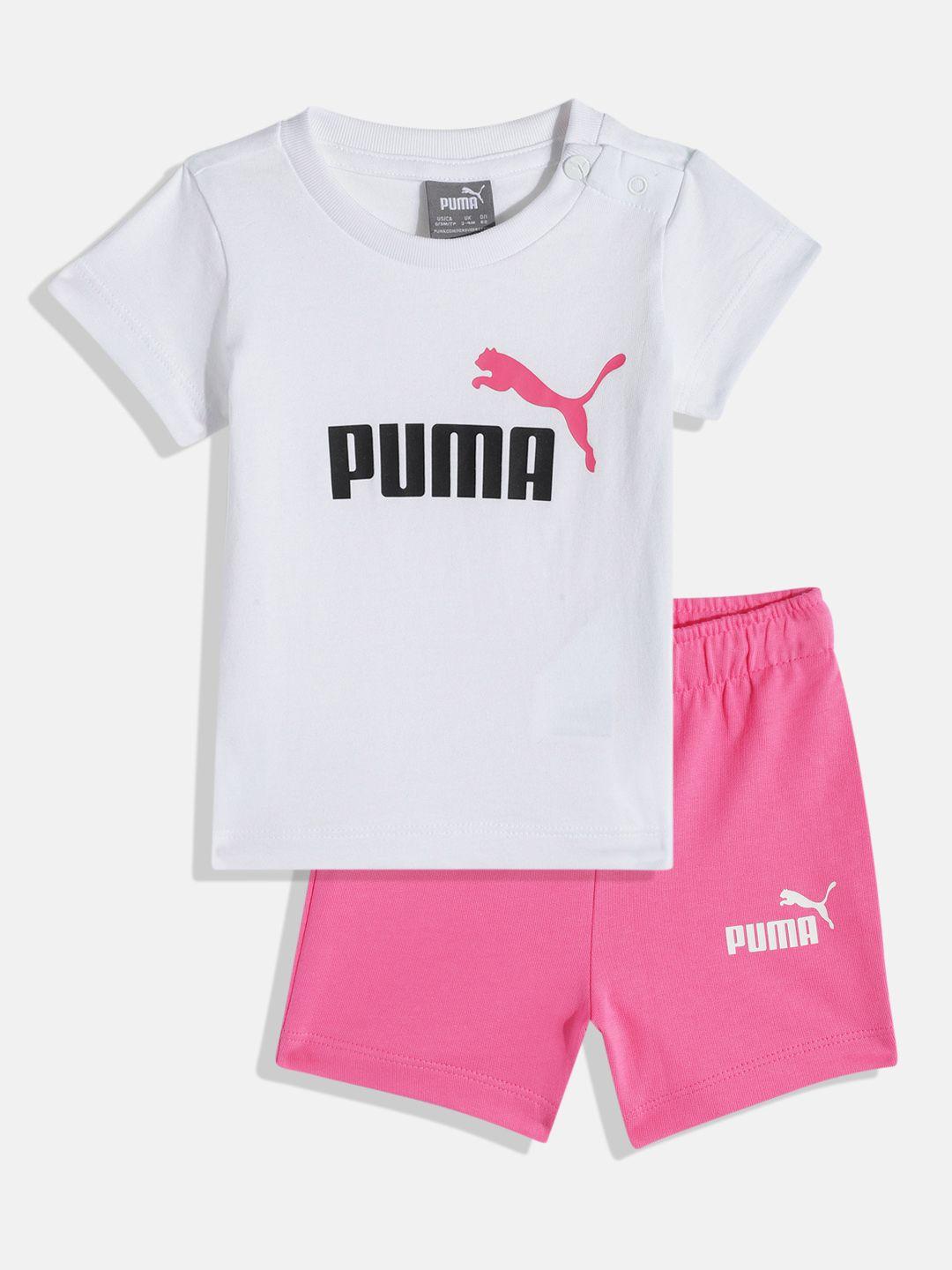 puma unisex kids pink & white printed pure cotton t-shirt with shorts set