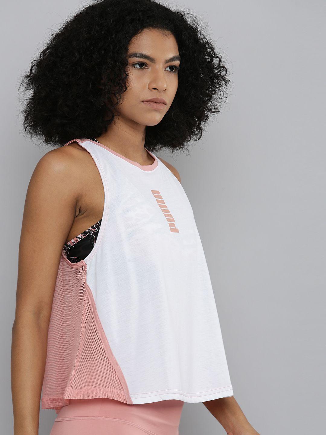 puma white & pink brand logo print relaxed fit casual top