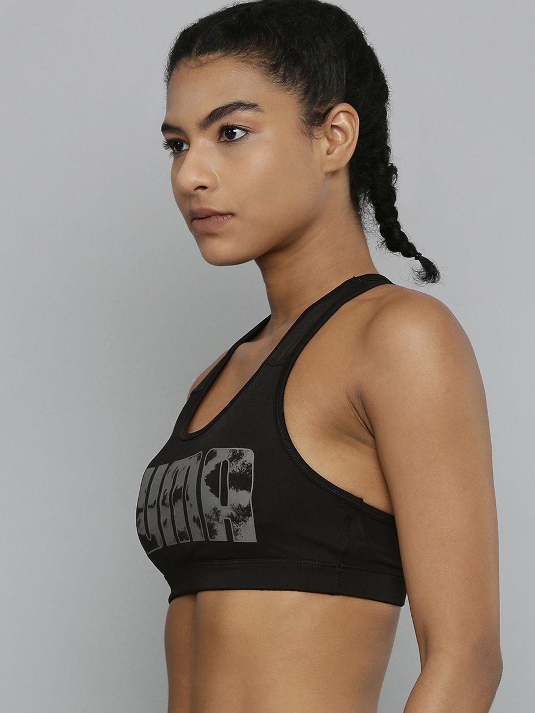 puma women black & grey brand logo printed mid impact lightly padded bra