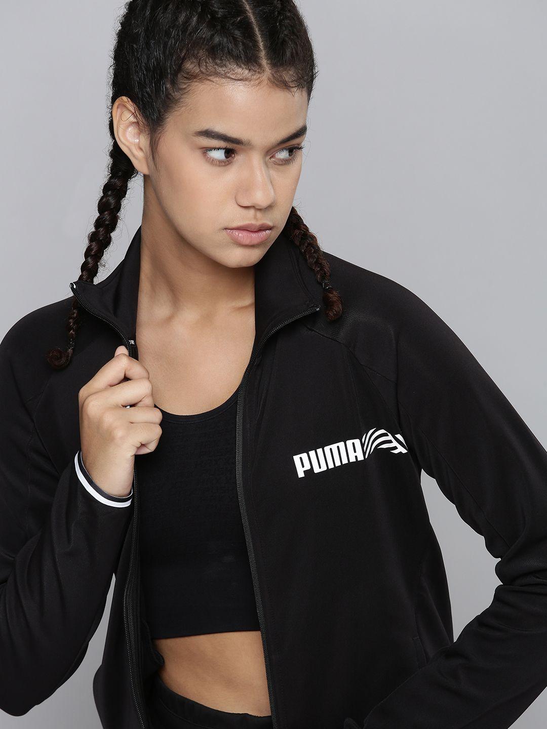 puma women black brand logo printed outdoor sporty jacket
