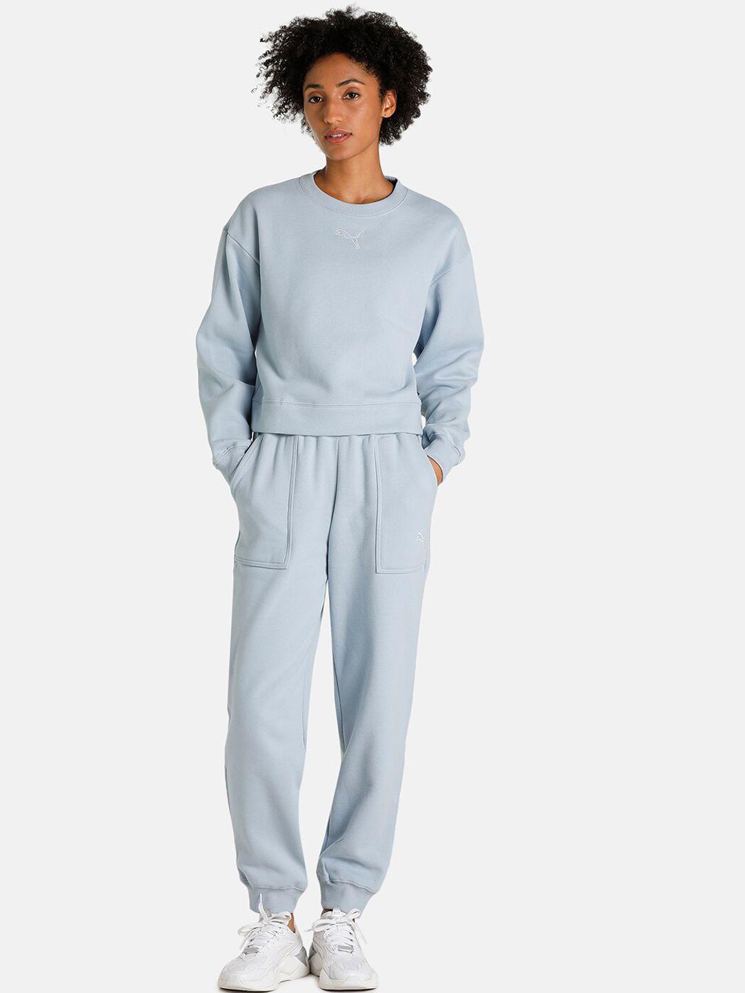 puma women blue solid cotton relaxed fit loungewear suit