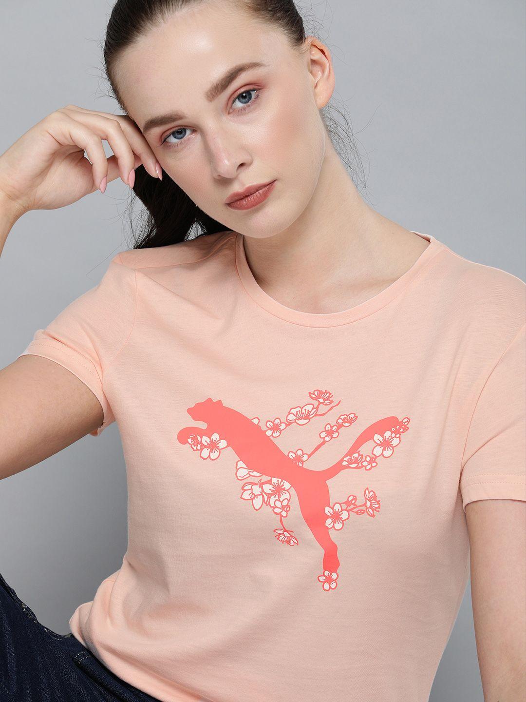 puma women coral pink printed round neck sakura pure cotton t-shirt