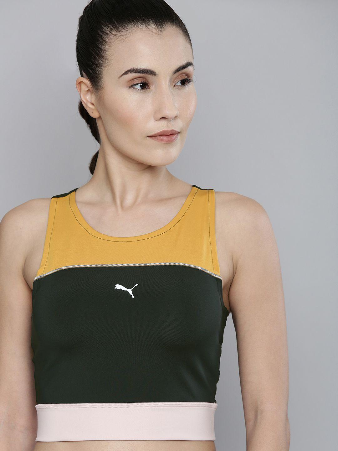 puma women green & mustard yellow colourblocked slim fit run cooladapt cropped tank top