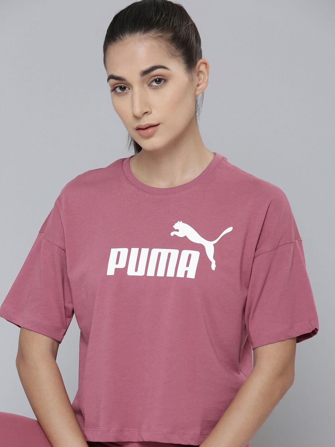 puma women mauve pink essentials brand logo print pure cotton relaxed fit crop t-shirt