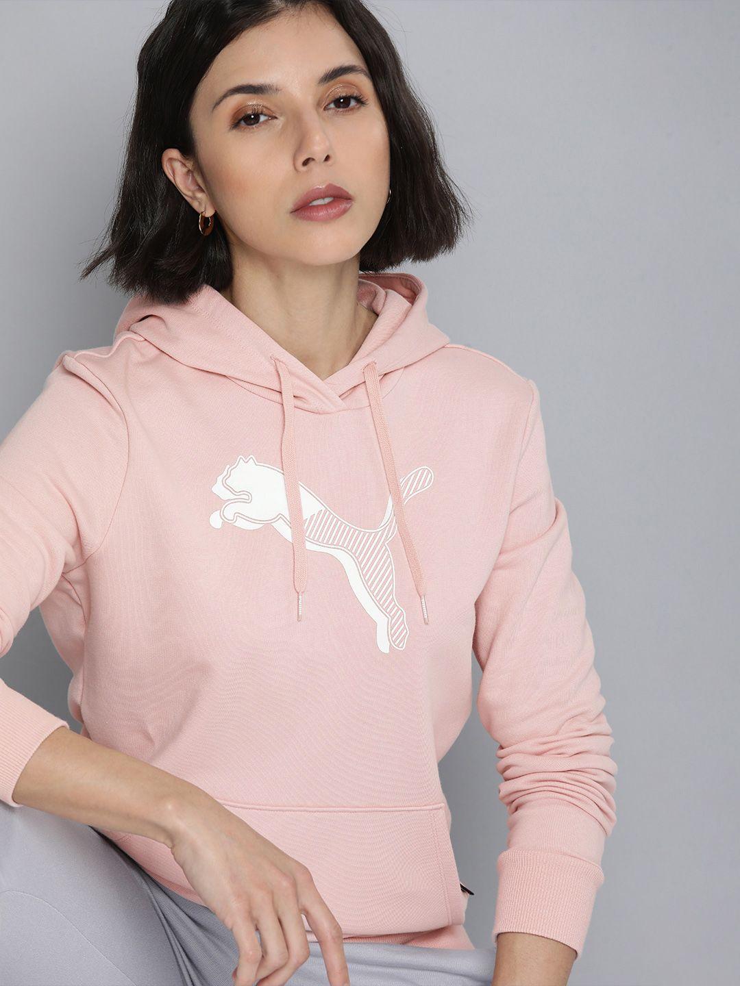 puma women pink & white power graphic printed hooded sweatshirt
