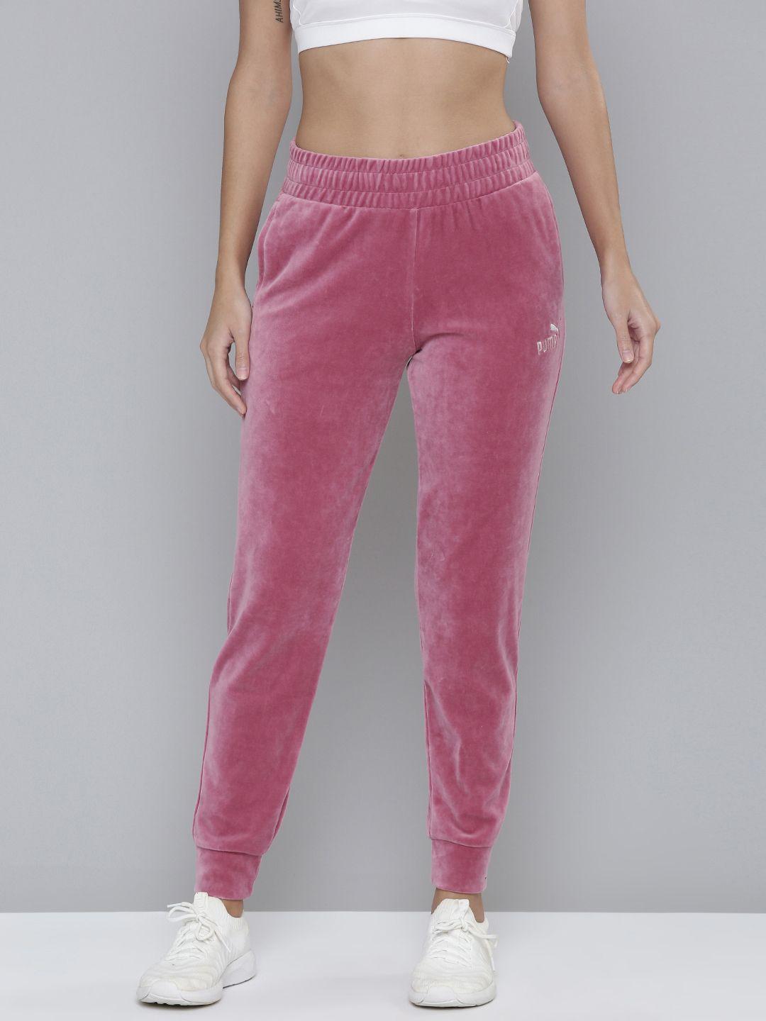 puma women pink brand logo embroidered essential+ velour joggers