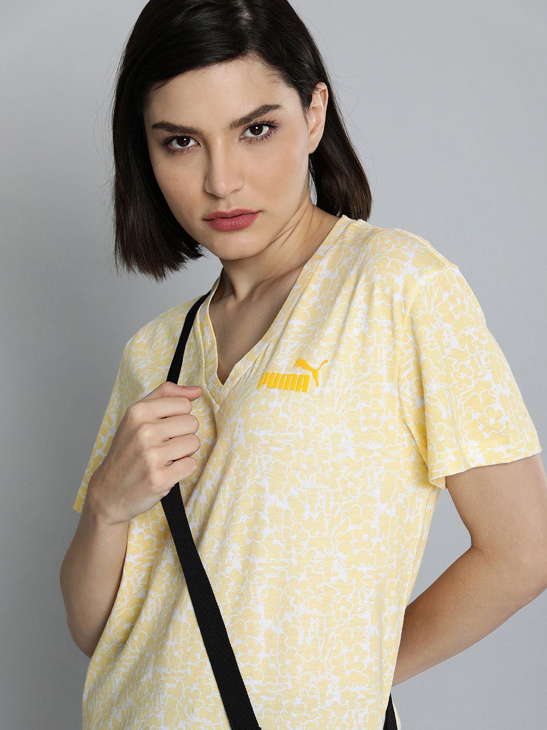 puma women yellow & white floral printed relaxed fit v-neck t-shirt