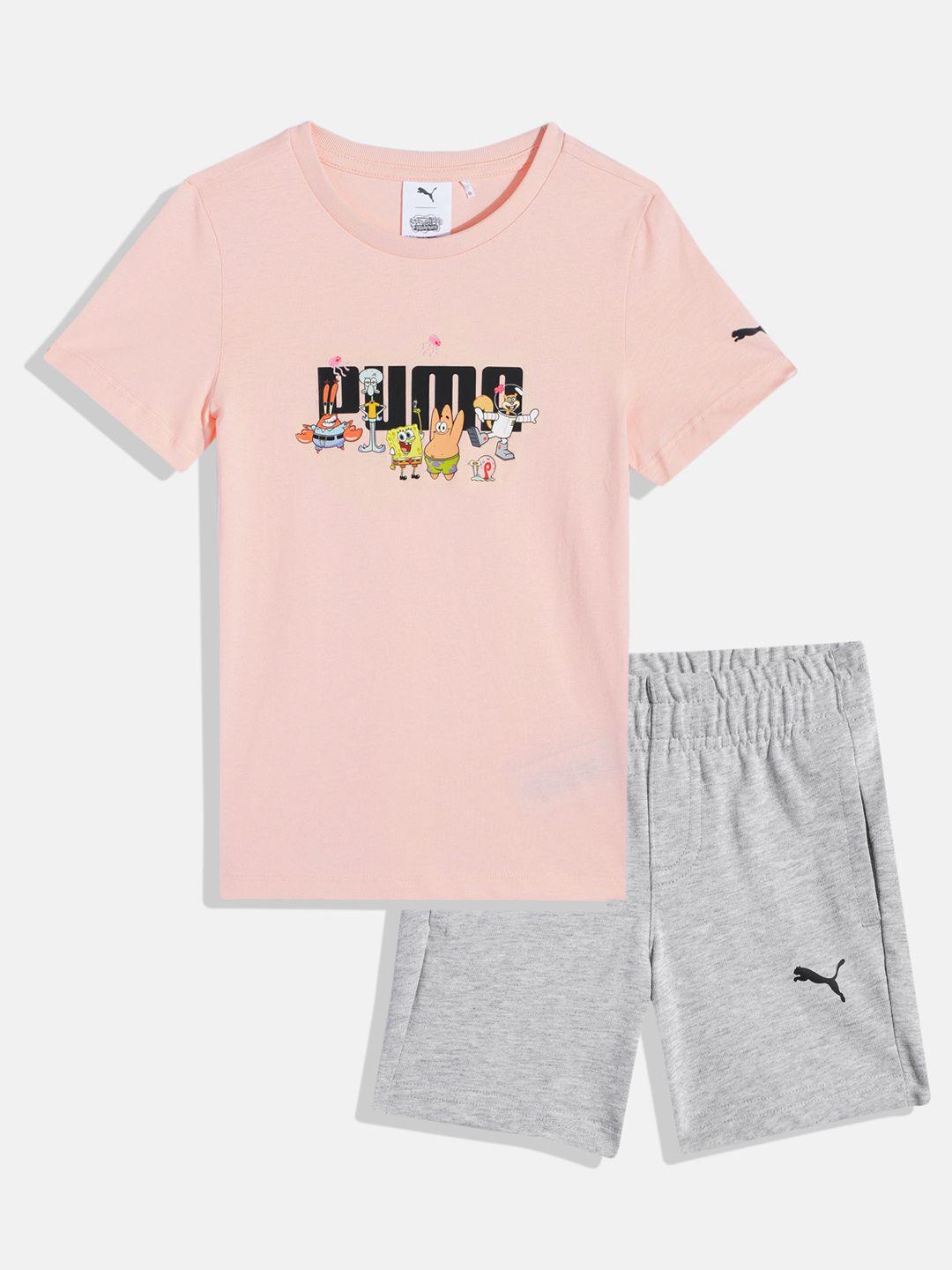 puma x spongebob kids brand logo printed pure cotton t-shirt with shorts