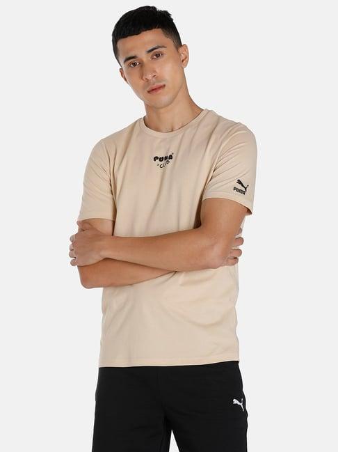 puma beige cotton regular fit printed sports t-shirt