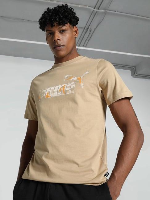 puma beige regular fit logo print crew t-shirt