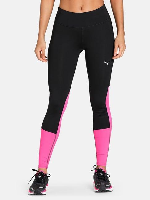 puma black & pink logo print mid rise tights