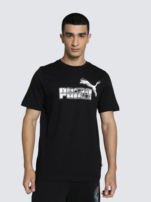 puma black cotton regular fit logo graphics printed t-shirt