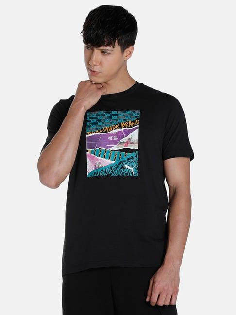 puma black cotton regular fit printed t-shirt