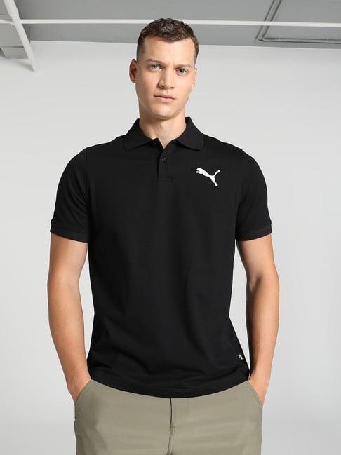 puma black cotton regular fit solid polo t-shirt