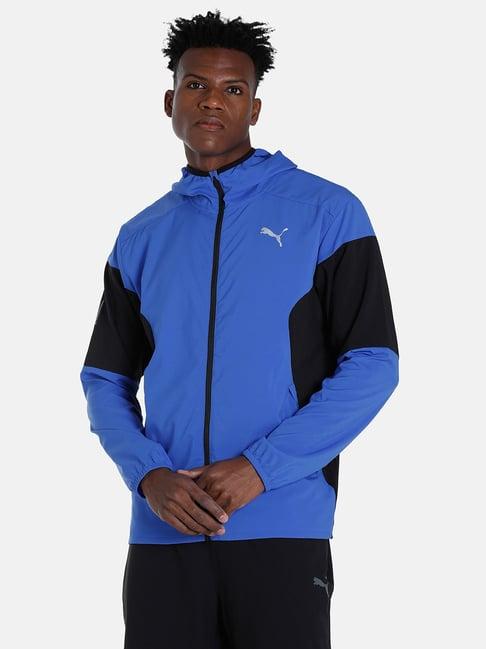 puma blue & black regular fit colour block hooded jacket