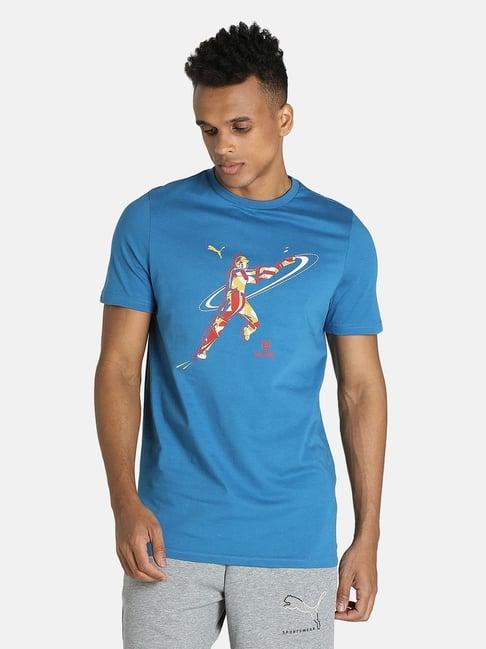 puma blue cotton printed slim fit t-shirt