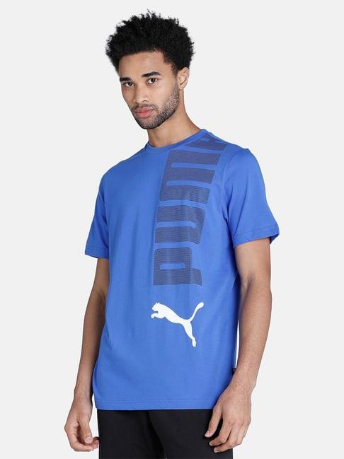 puma blue cotton regular fit printed t-shirt