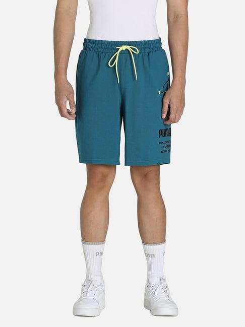 puma blue cotton relaxed fit printed shorts