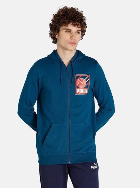 puma blue cotton slim fit printed hooded sweatshirt