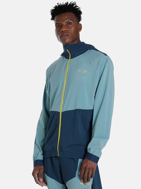 puma blue regular fit colour block hooded jacket