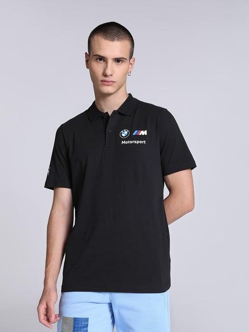 puma bmw m motorsport essential black cotton regular fit printed polo t-shirt