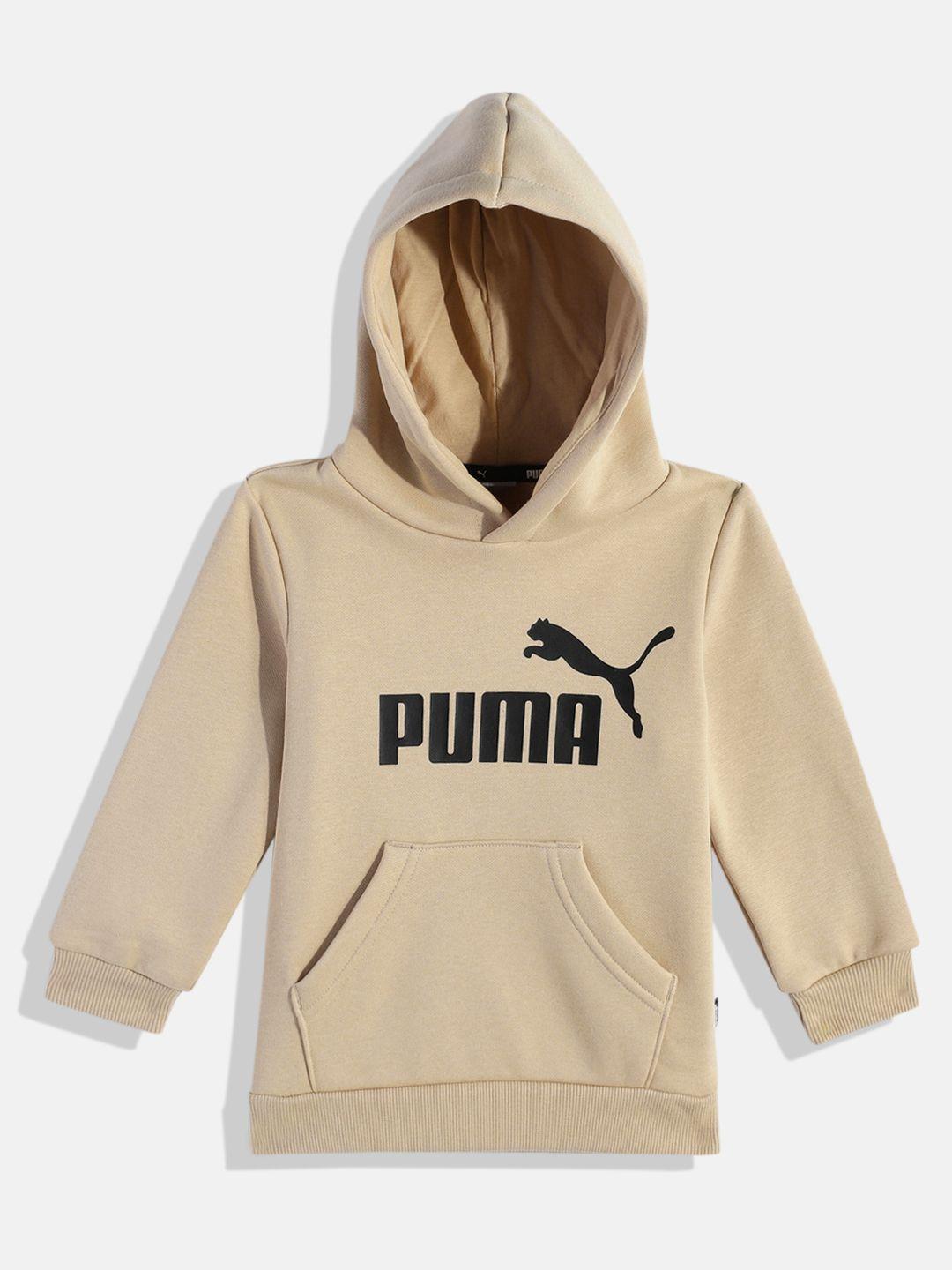 puma boys beige brand logo printed hooded sweatshirt