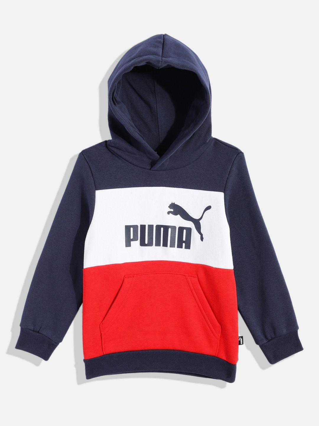puma boys blue & red colourblocked essentials hooded sweatshirt