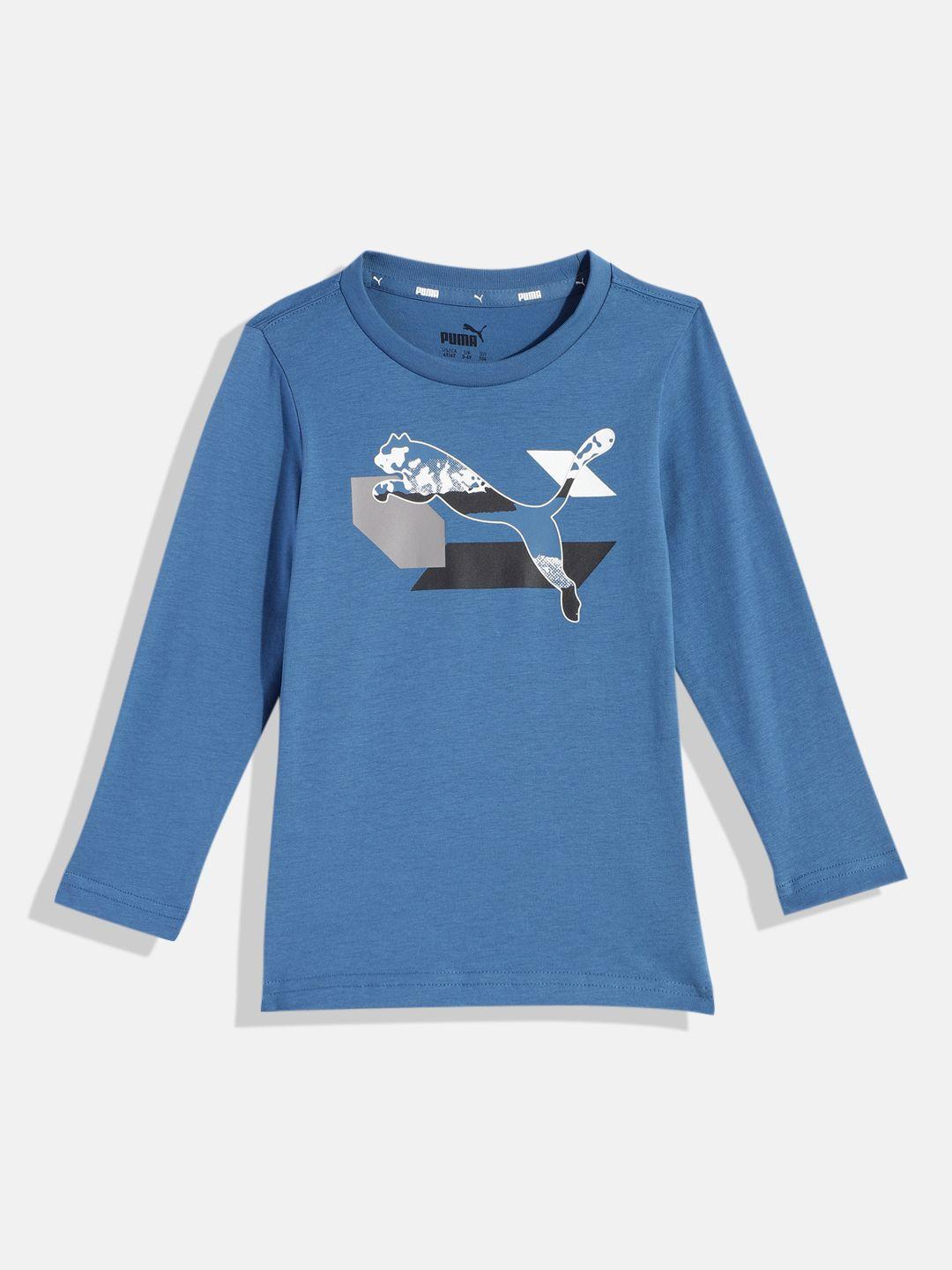 puma boys blue alpha longsleeve youth brand logo printed pure cotton t-shirt