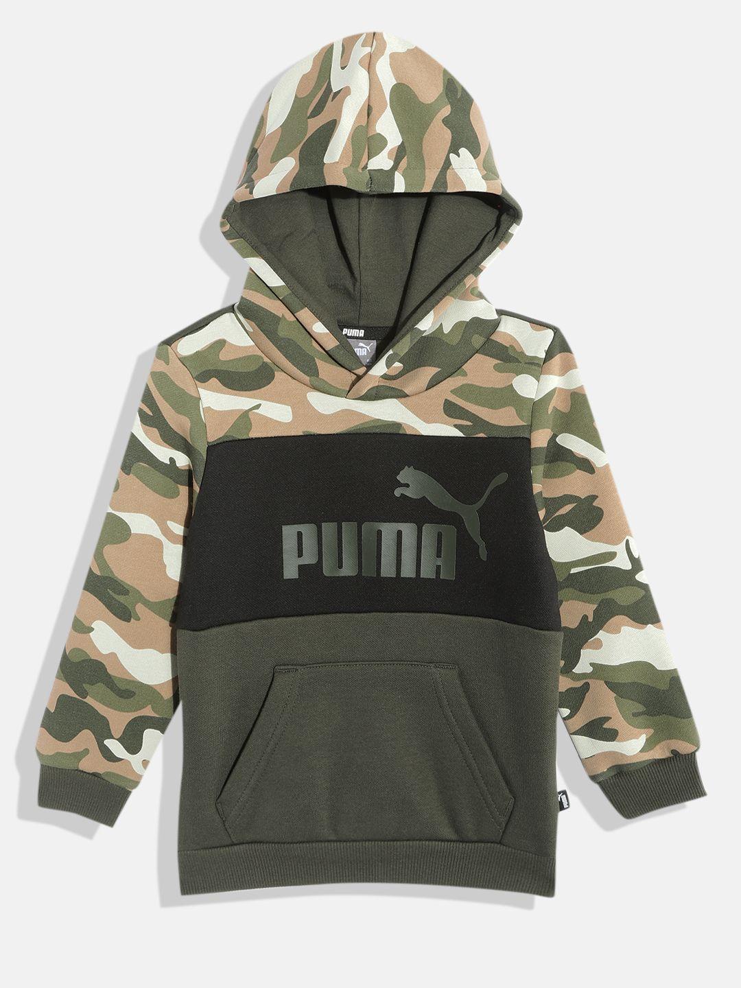 puma boys camouflage & brand logo print hooded sweatshirt