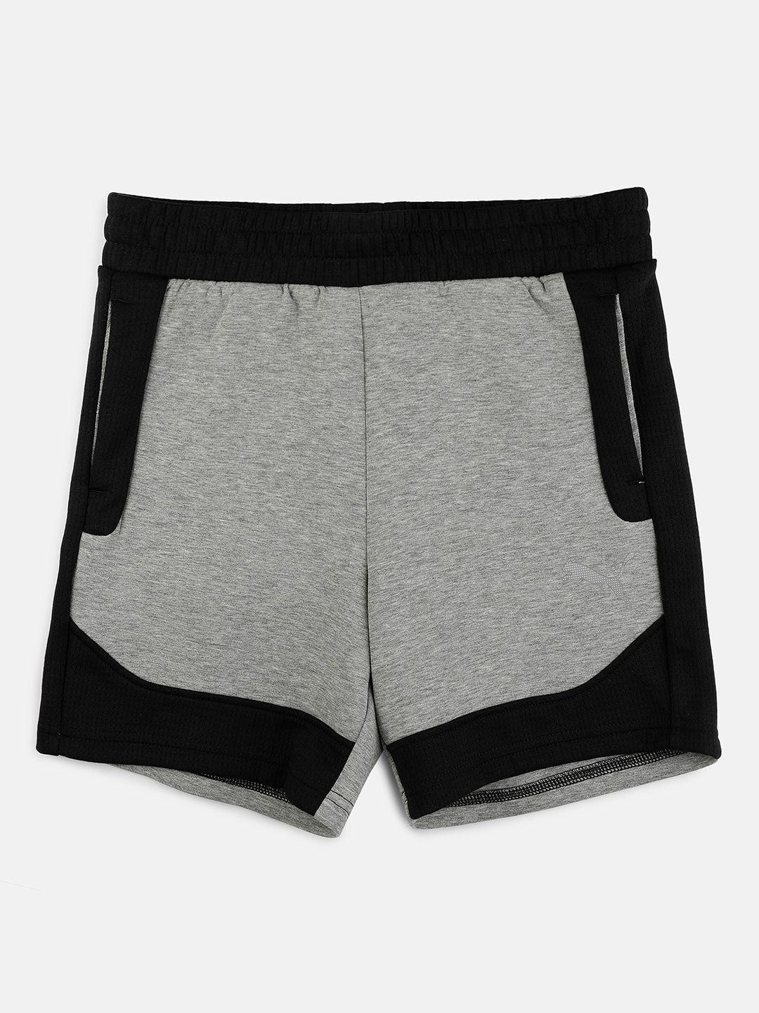 puma boys grey melange & black colourblocked regular fit regular shorts