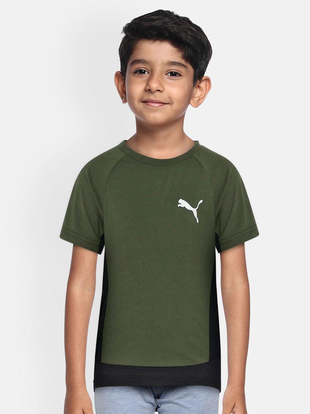 puma boys olive green evostripe round neck t-shirt