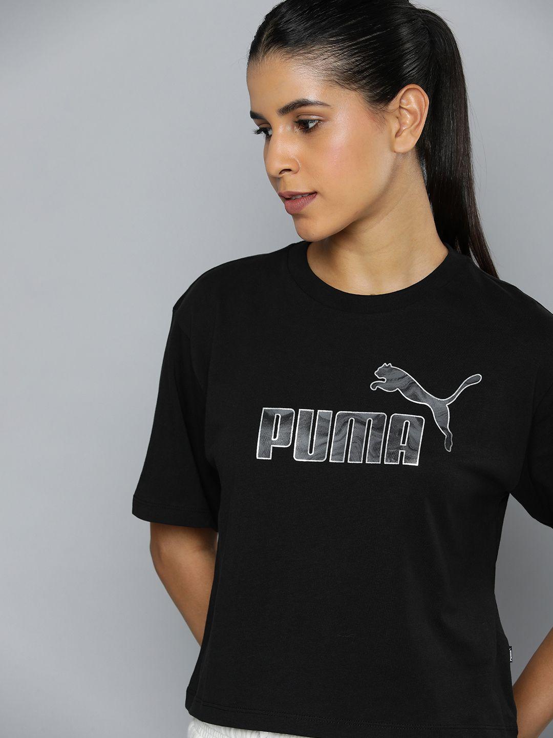 puma brand logo printed drop-shoulder sleeves ess marbleized pure cotton relaxed t-shirt