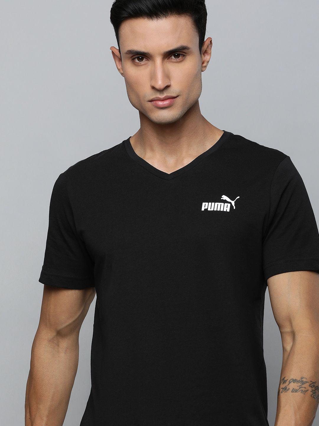 puma brand logo printed ess v-neck pure cotton t-shirt