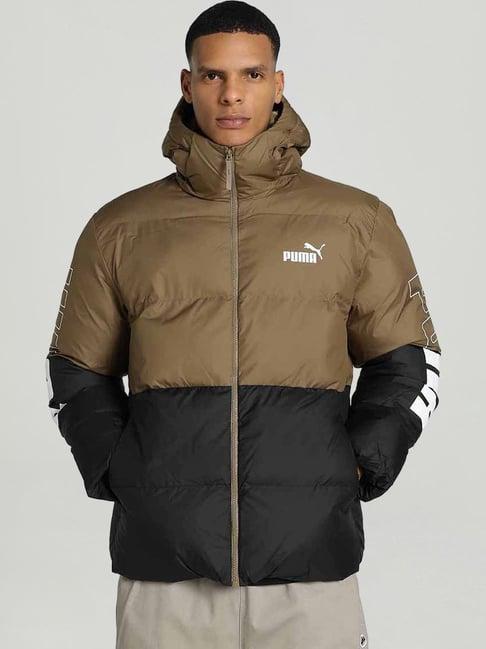puma brown regular fit colour block hooded jacket