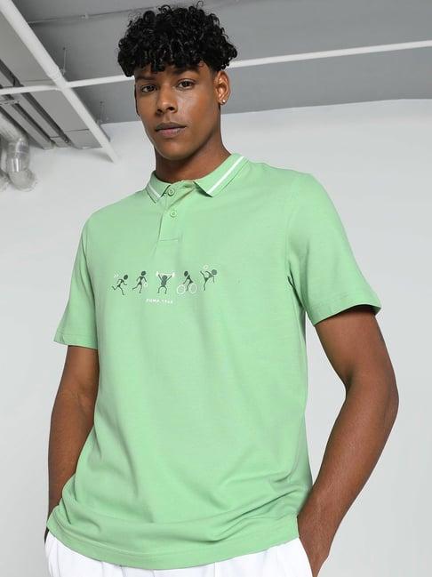 puma classics light green regular fit graphic print polo t-shirt