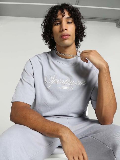 puma classics light grey relaxed fit logo print oversized crew t-shirt