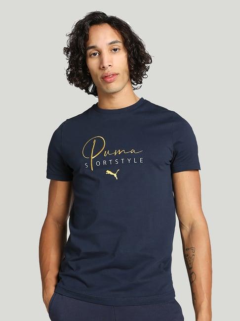 puma classics navy slim fit cotton embroidered crew t-shirt