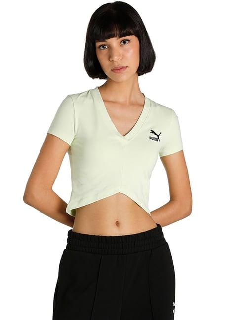 puma classics sage green cotton logo crop t-shirt