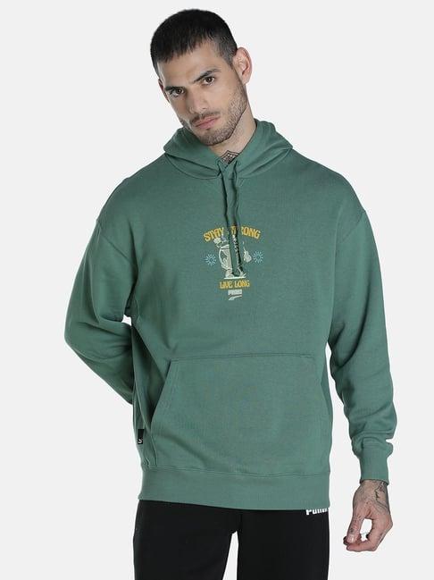 puma downtown green cotton printed hooded sweatshirt