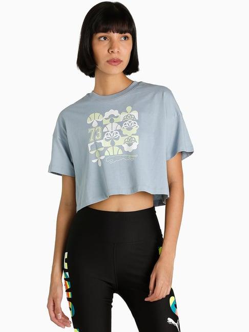 puma dusty blue cotton printed crop t-shirt