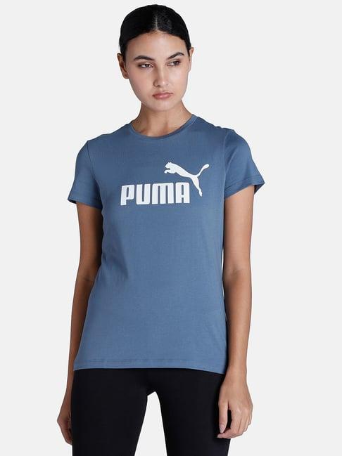 puma essentials blue logo print t-shirt