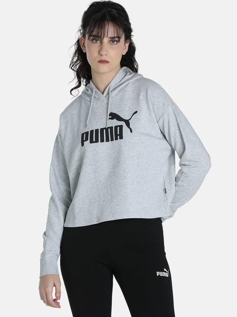puma essentials ess grey graphic print crop hoodie