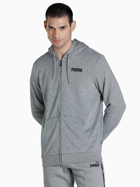puma essentials grey full sleeves hooded sweatshirt