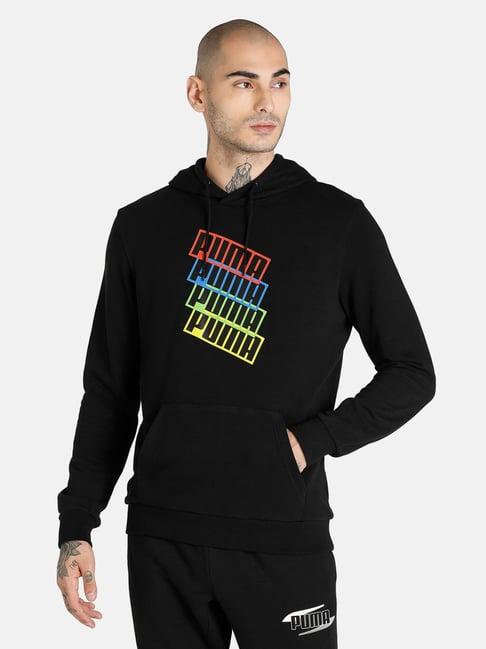 puma graphic black printed hooded sweatshirt