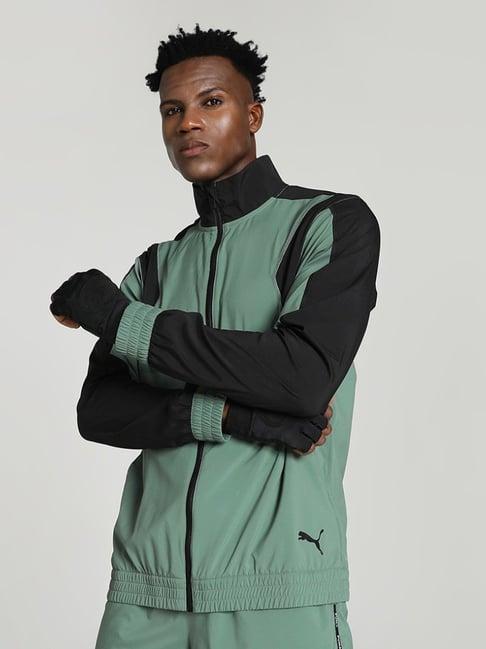 puma green & black regular fit colour block sports jacket