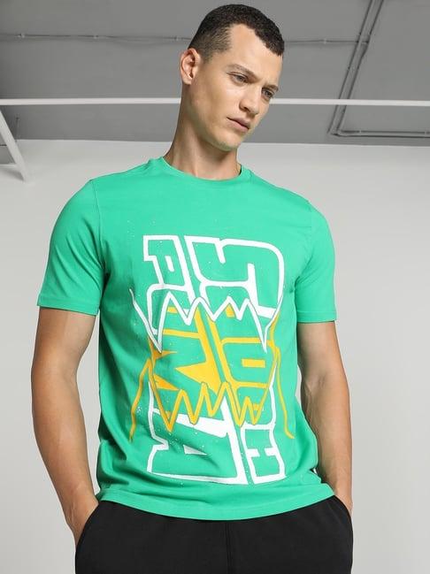 puma green cotton regular fit sports t-shirt