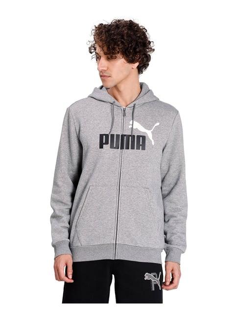 puma grey cotton regular fit logo printed hooded sweatshirt