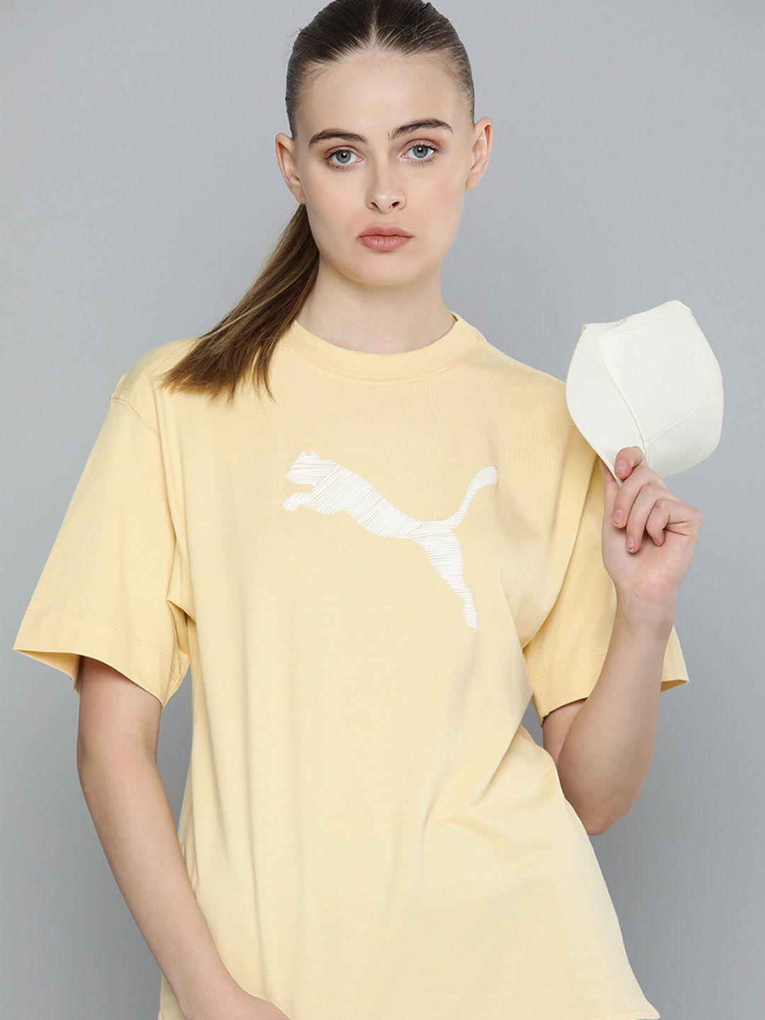 puma her brand logo printed drop-shoulder sleeves pure cotton t-shirt